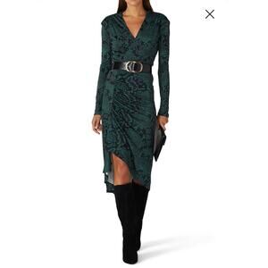 ATLEIN Green Snakeskin Printed Deep V-Neckline Fitted Sheath Dress size 38 US 6